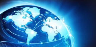 Illustration of a globe with digital connections and blue lighting